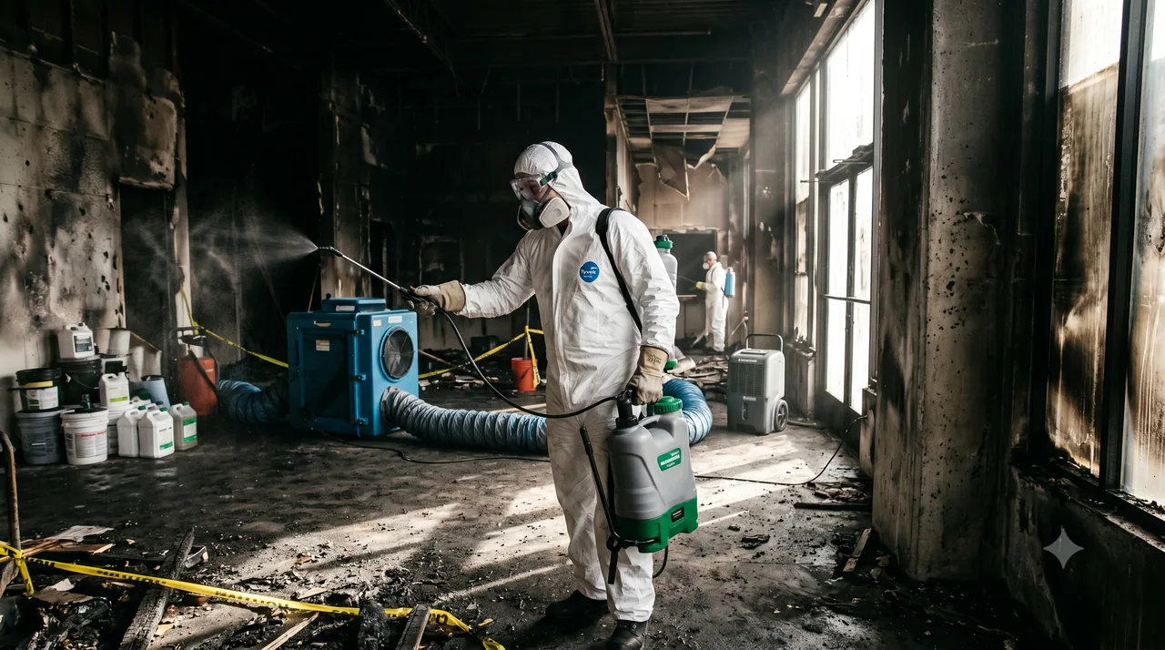 Técnico aplicando producto químico profesional en la restauración de un siniestro industrial
